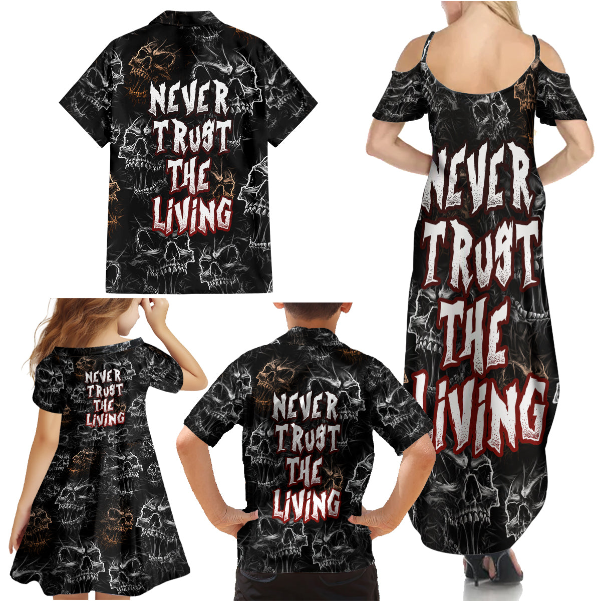 Skull Pattern Family Matching Summer Maxi Dress and Hawaiian Shirt Never Trust The Living - Wonder Print Shop