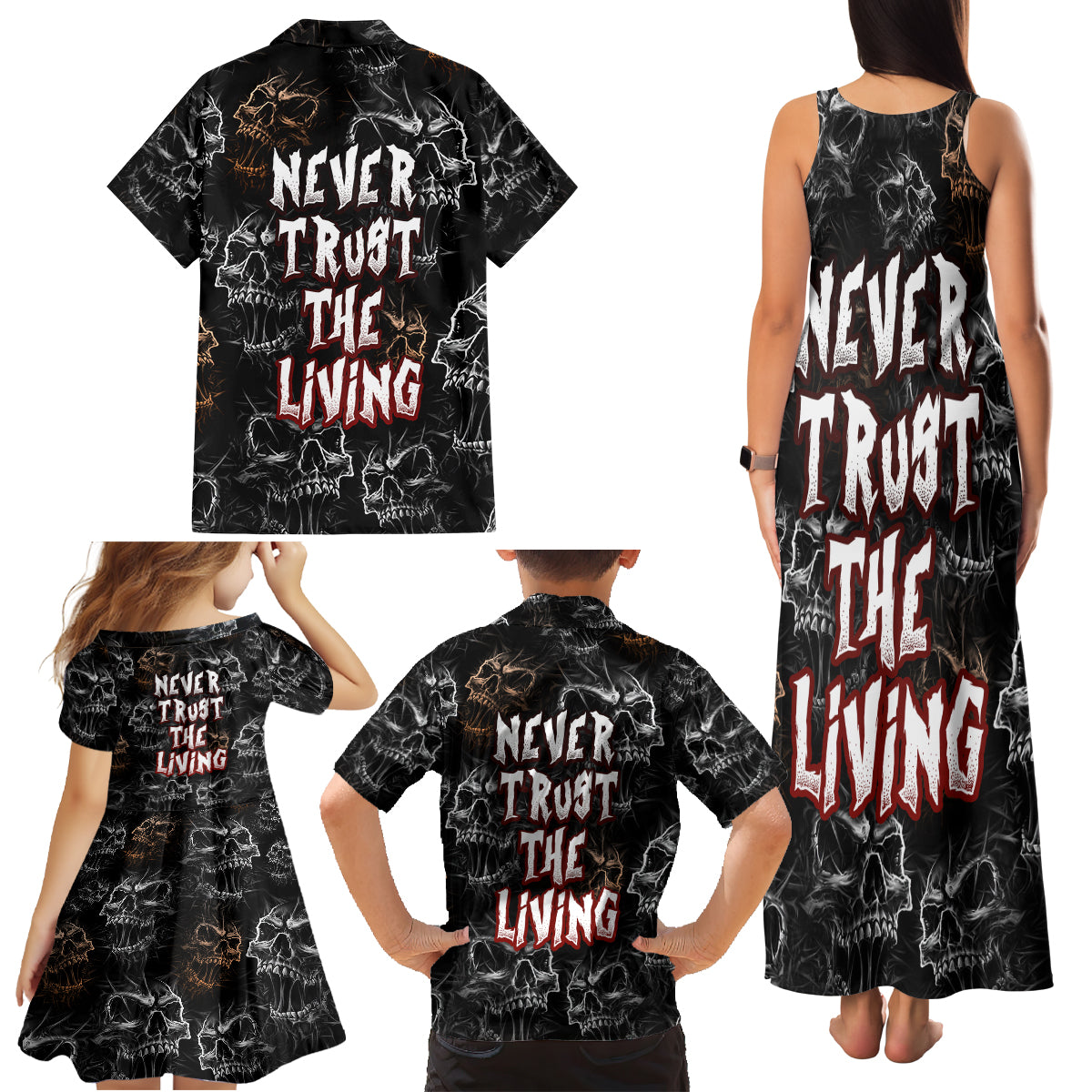 Skull Pattern Family Matching Tank Maxi Dress and Hawaiian Shirt Never Trust The Living - Wonder Print Shop