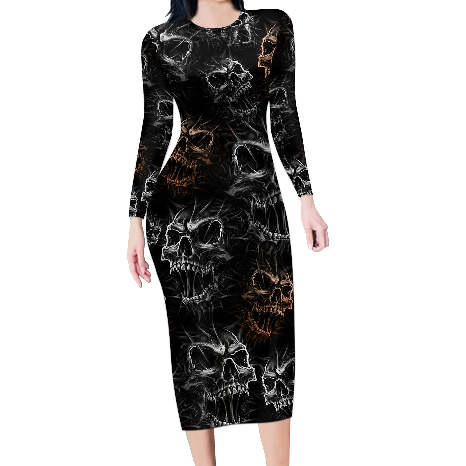 Skull Pattern Long Sleeve Bodycon Dress Never Trust The Living - Wonder Print Shop