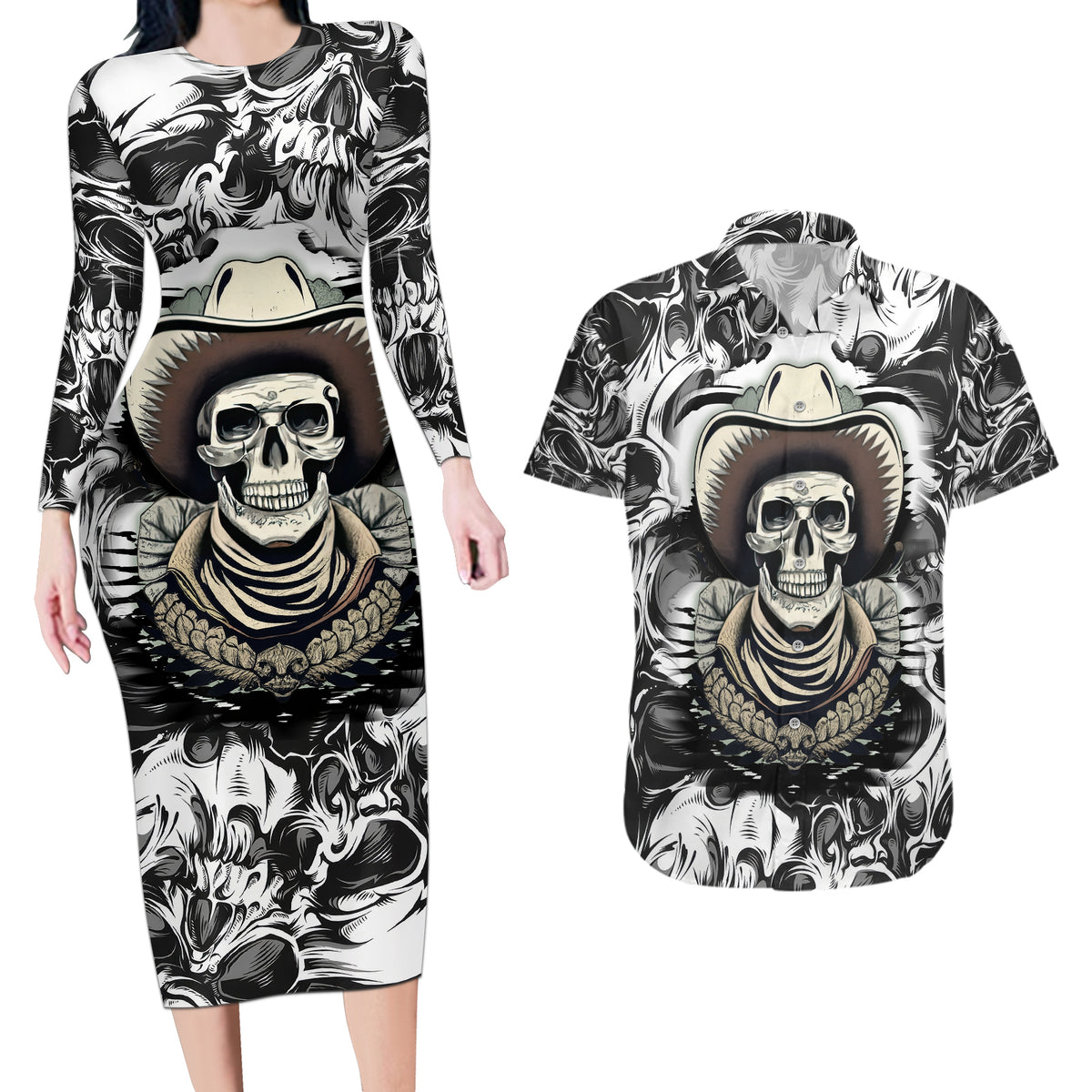 Skull Cowboy Couples Matching Long Sleeve Bodycon Dress and Hawaiian Shirt Out Law - Wonder Print Shop