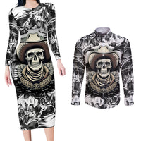 Skull Cowboy Couples Matching Long Sleeve Bodycon Dress and Long Sleeve Button Shirts Out Law - Wonder Print Shop