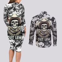 Skull Cowboy Couples Matching Long Sleeve Bodycon Dress and Long Sleeve Button Shirts Out Law - Wonder Print Shop