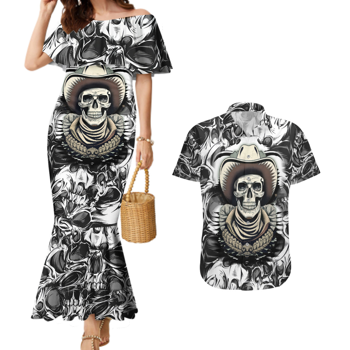 Skull Cowboy Couples Matching Mermaid Dress and Hawaiian Shirt Out Law - Wonder Print Shop
