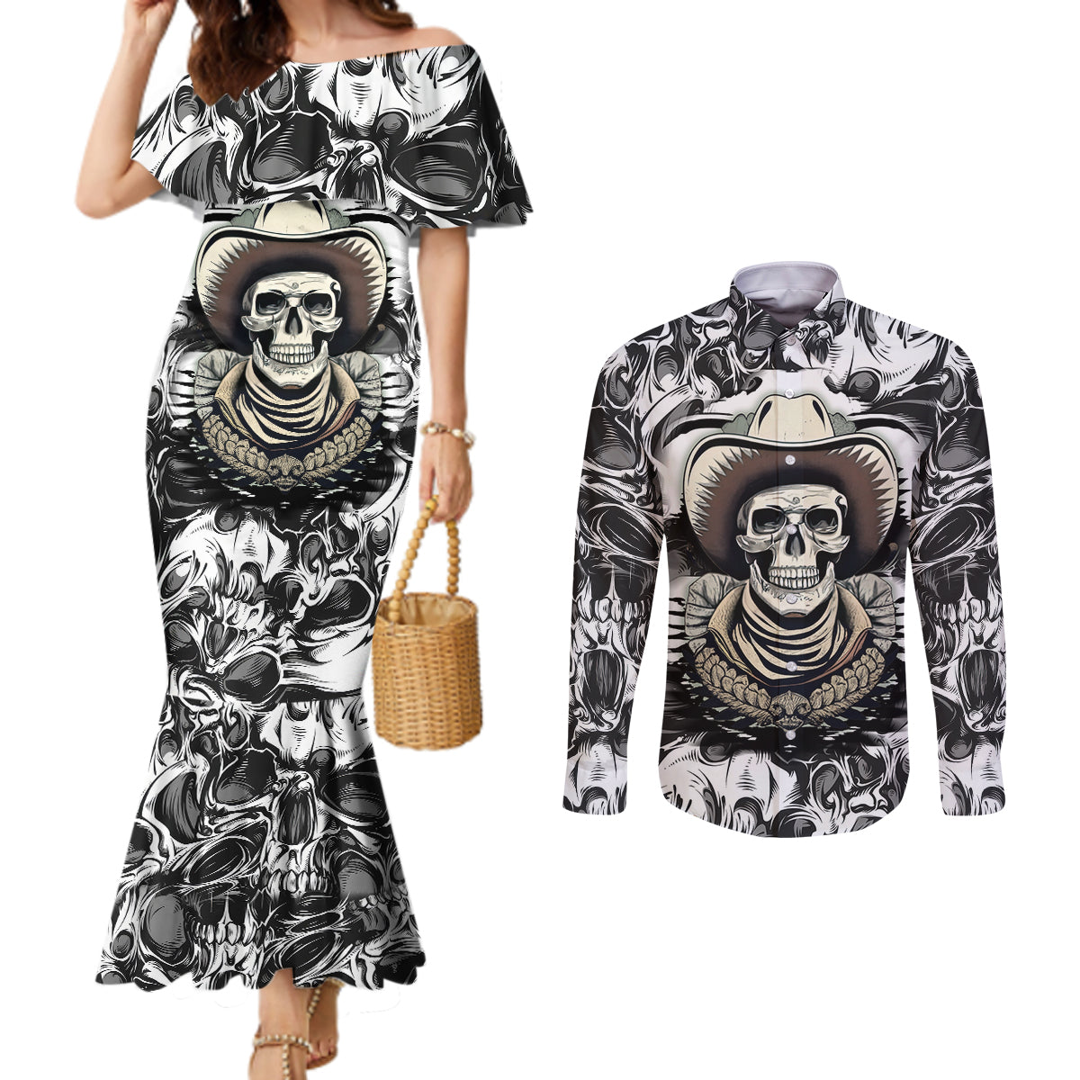 skull-cowboy-couples-matching-mermaid-dress-and-long-sleeve-button-shirts-out-law
