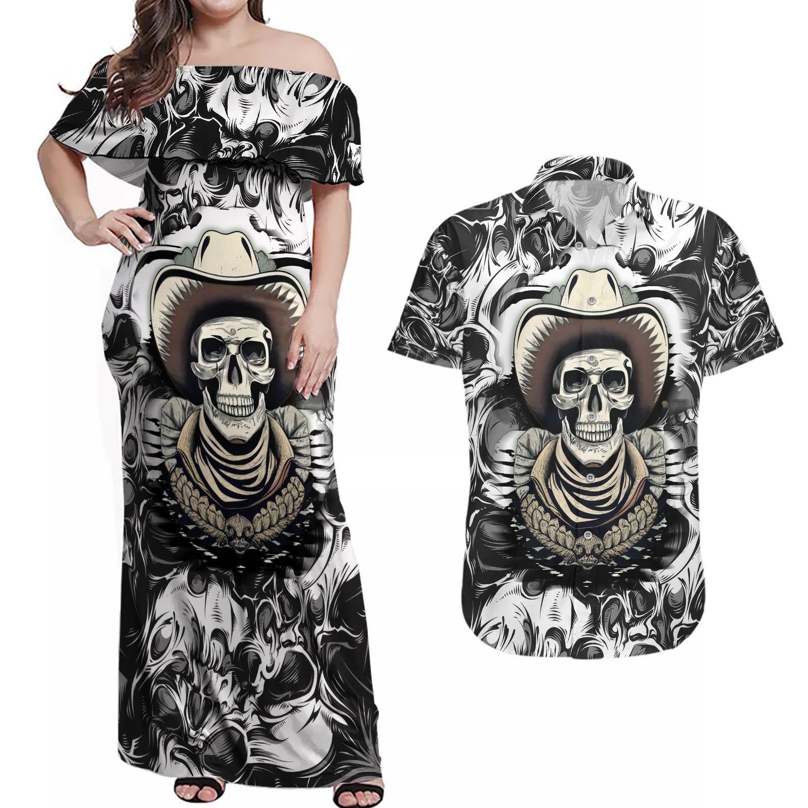 Skull Cowboy Couples Matching Off Shoulder Maxi Dress and Hawaiian Shirt Out Law - Wonder Print Shop