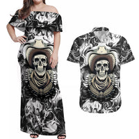 Skull Cowboy Couples Matching Off Shoulder Maxi Dress and Hawaiian Shirt Out Law - Wonder Print Shop