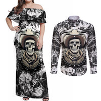 Skull Cowboy Couples Matching Off Shoulder Maxi Dress and Long Sleeve Button Shirts Out Law - Wonder Print Shop