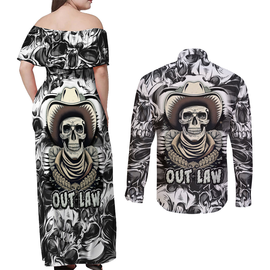 Skull Cowboy Couples Matching Off Shoulder Maxi Dress and Long Sleeve Button Shirts Out Law - Wonder Print Shop