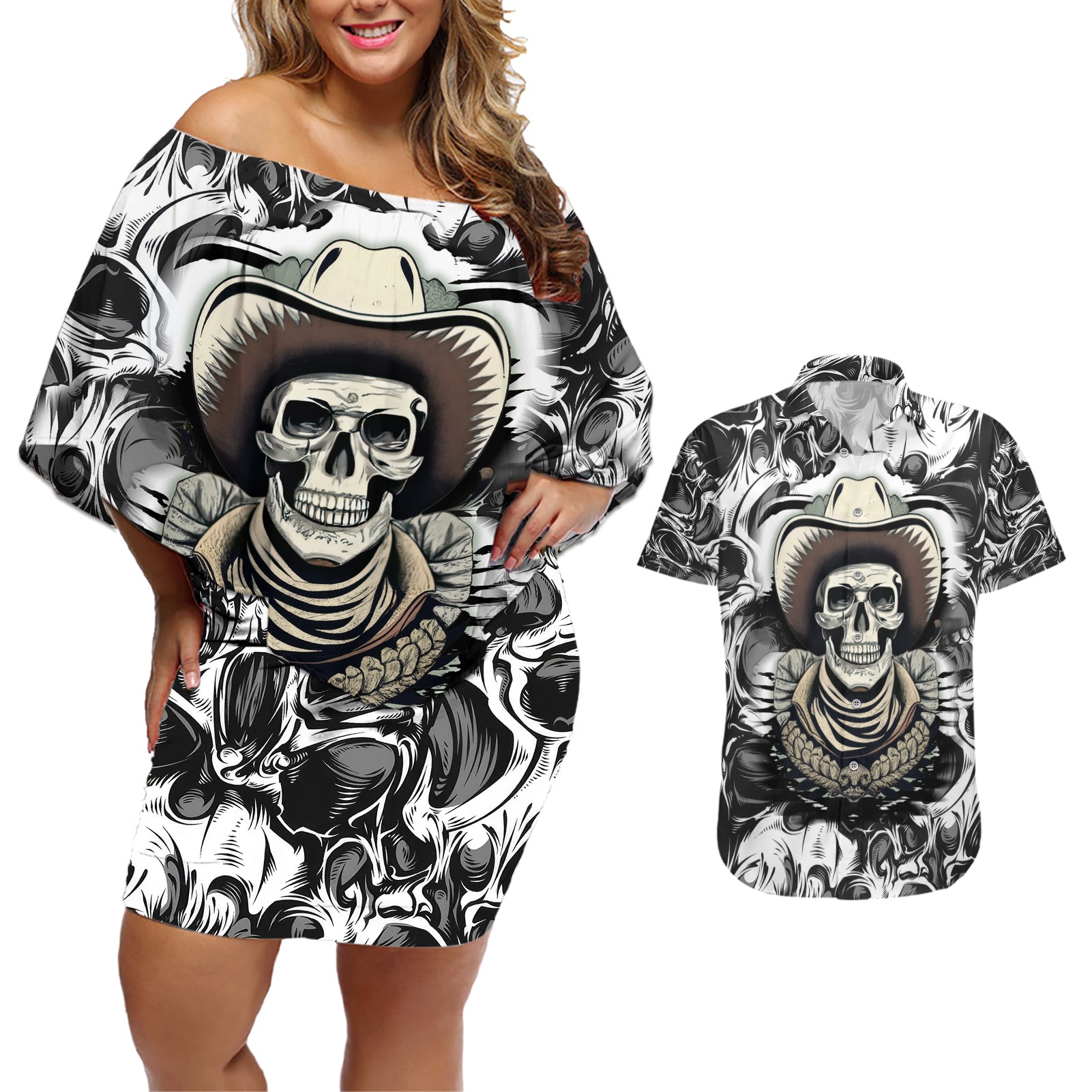 Skull Cowboy Couples Matching Off Shoulder Short Dress and Hawaiian Shirt Out Law - Wonder Print Shop