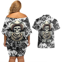Skull Cowboy Couples Matching Off Shoulder Short Dress and Hawaiian Shirt Out Law - Wonder Print Shop