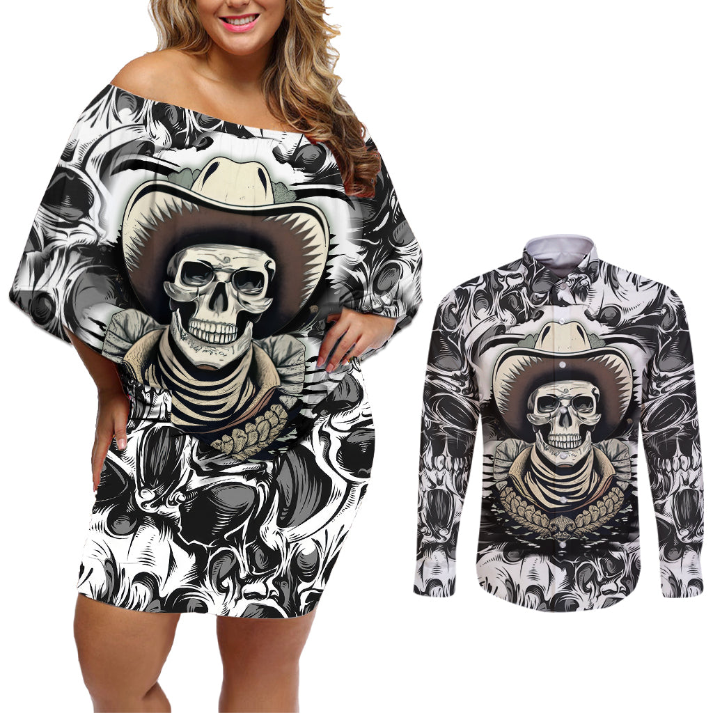 Skull Cowboy Couples Matching Off Shoulder Short Dress and Long Sleeve Button Shirts Out Law - Wonder Print Shop