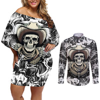 Skull Cowboy Couples Matching Off Shoulder Short Dress and Long Sleeve Button Shirts Out Law - Wonder Print Shop