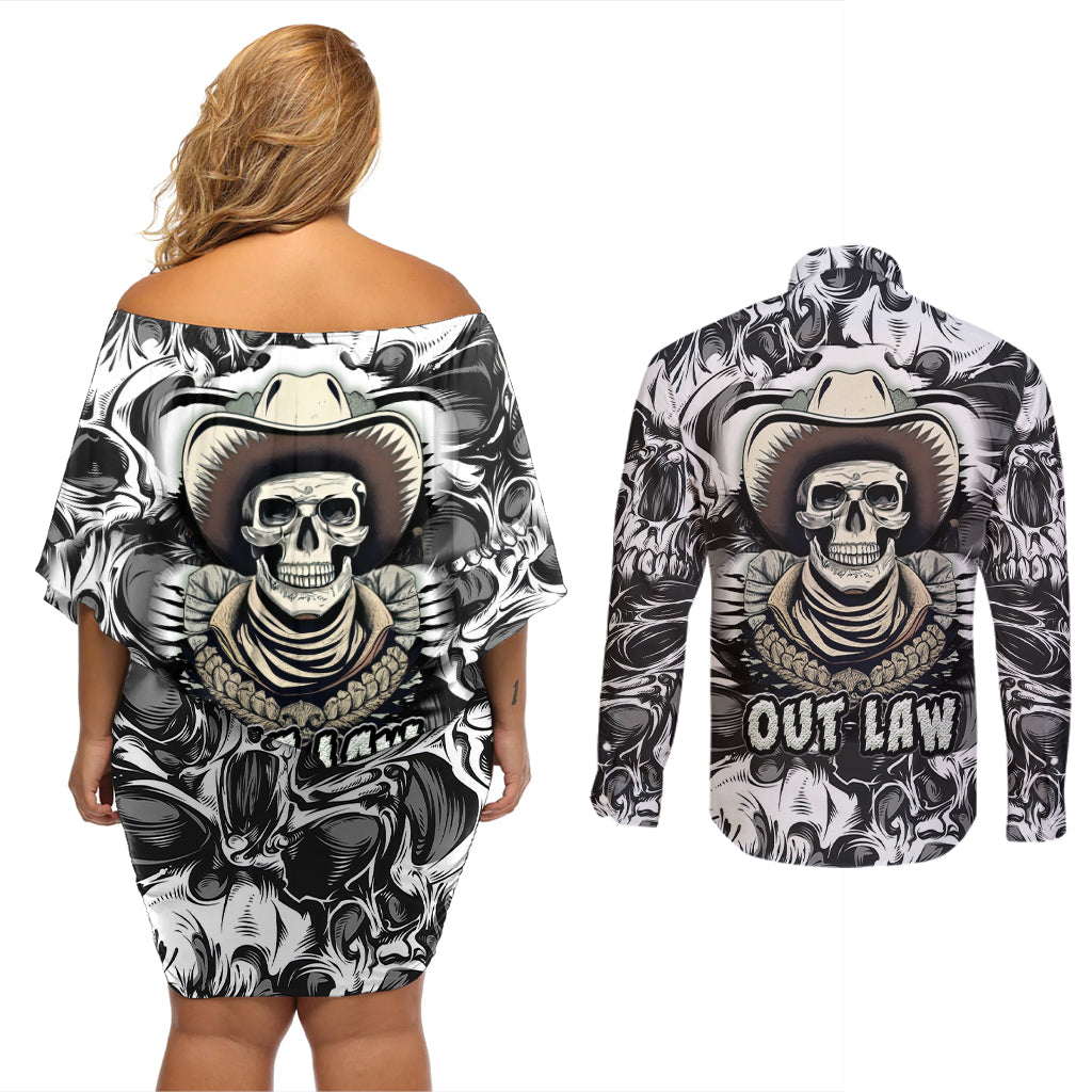 Skull Cowboy Couples Matching Off Shoulder Short Dress and Long Sleeve Button Shirts Out Law - Wonder Print Shop