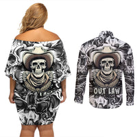 Skull Cowboy Couples Matching Off Shoulder Short Dress and Long Sleeve Button Shirts Out Law - Wonder Print Shop