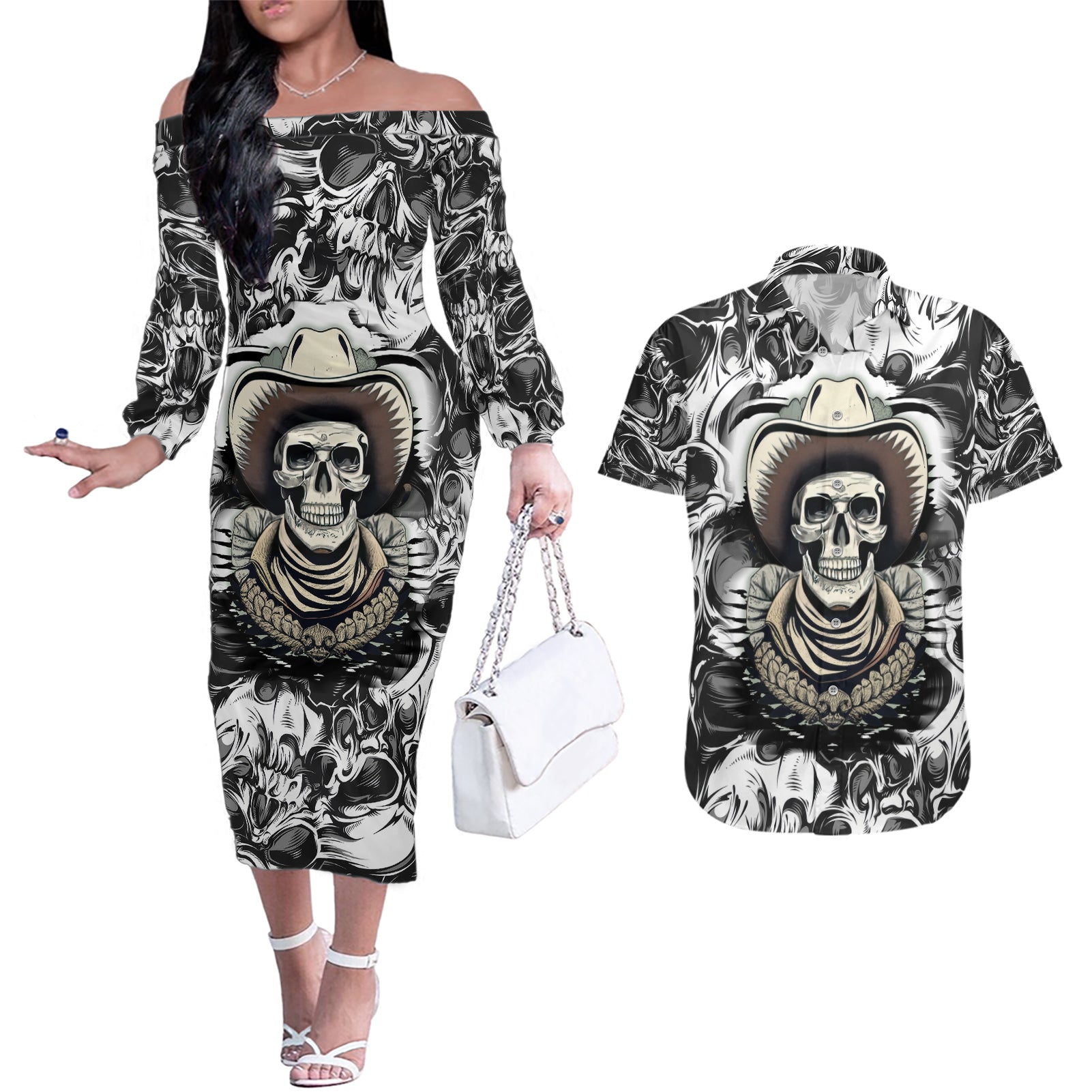 Skull Cowboy Couples Matching Off The Shoulder Long Sleeve Dress and Hawaiian Shirt Out Law - Wonder Print Shop