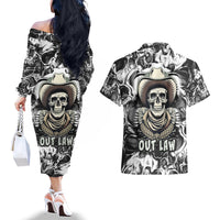 Skull Cowboy Couples Matching Off The Shoulder Long Sleeve Dress and Hawaiian Shirt Out Law - Wonder Print Shop