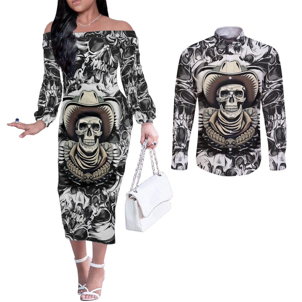 skull-cowboy-couples-matching-off-the-shoulder-long-sleeve-dress-and-long-sleeve-button-shirts-out-law