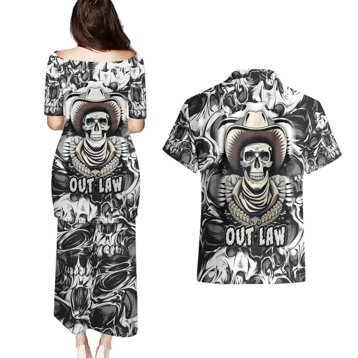 Skull Cowboy Couples Matching Puletasi Dress and Hawaiian Shirt Out Law - Wonder Print Shop