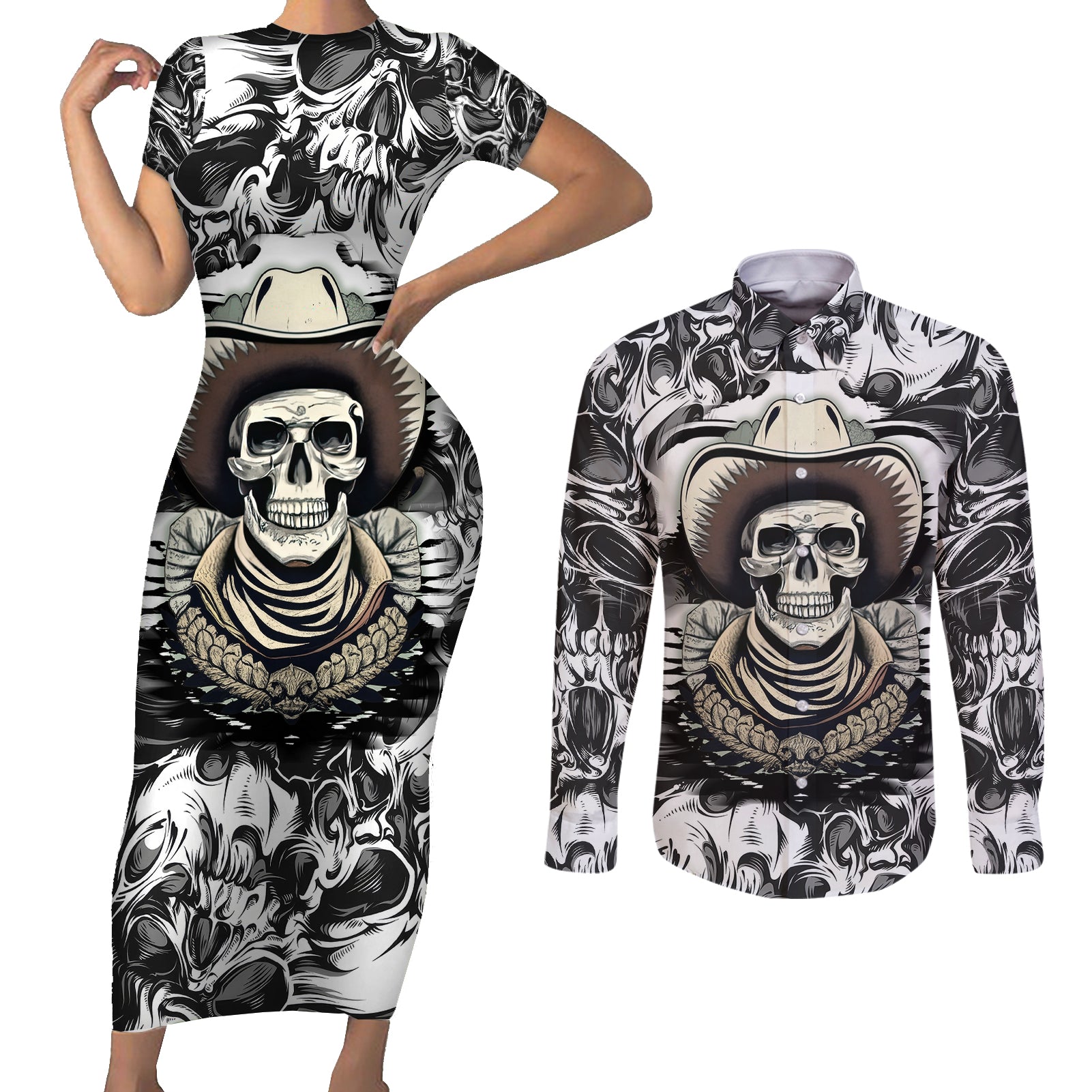 Skull Cowboy Couples Matching Short Sleeve Bodycon Dress and Long Sleeve Button Shirts Out Law - Wonder Print Shop