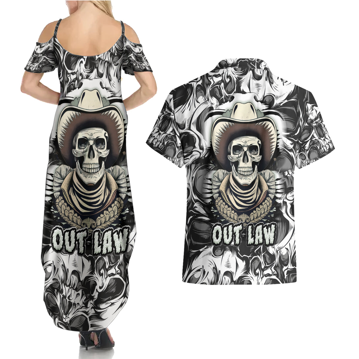 Skull Cowboy Couples Matching Summer Maxi Dress and Hawaiian Shirt Out Law - Wonder Print Shop