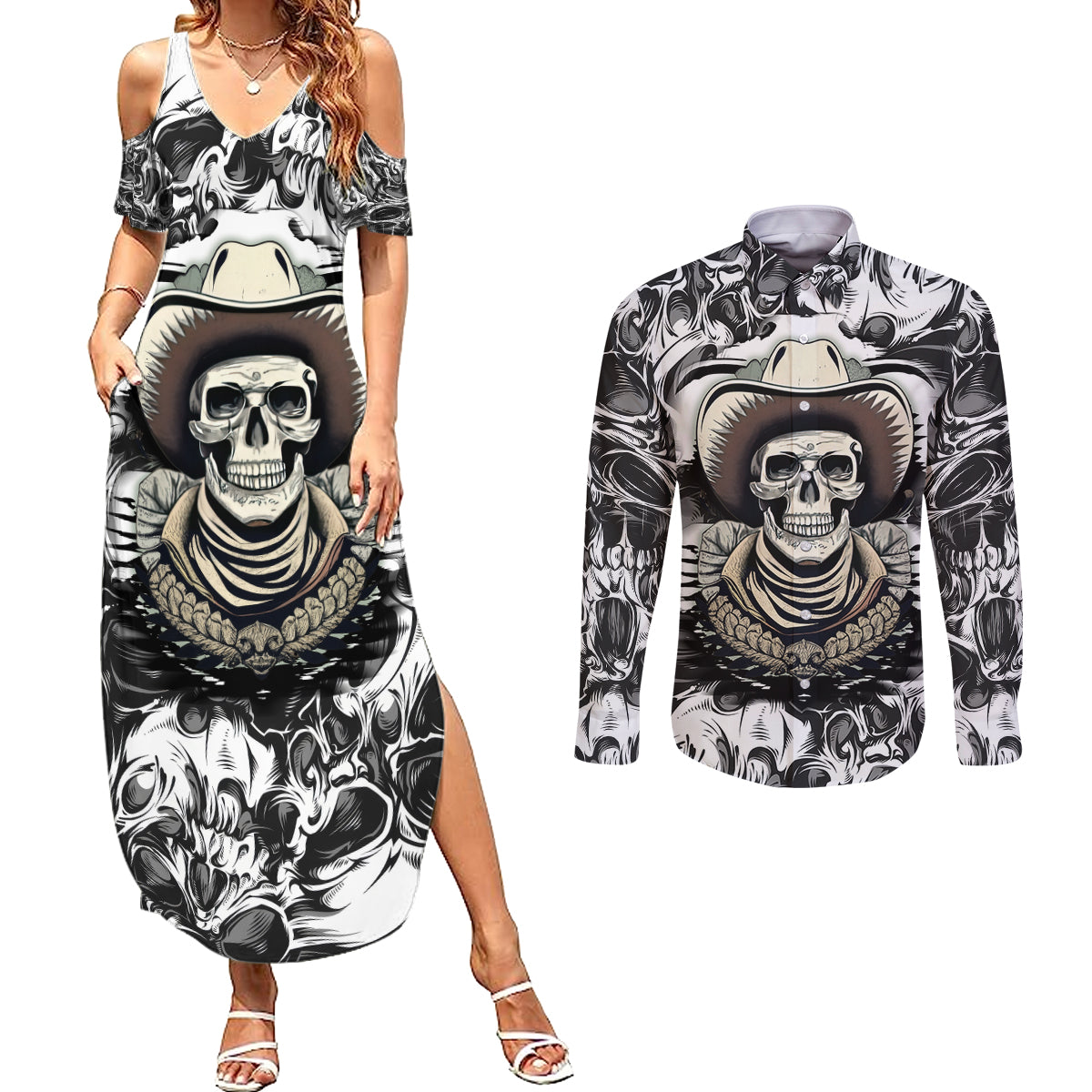 Skull Cowboy Couples Matching Summer Maxi Dress and Long Sleeve Button Shirts Out Law - Wonder Print Shop