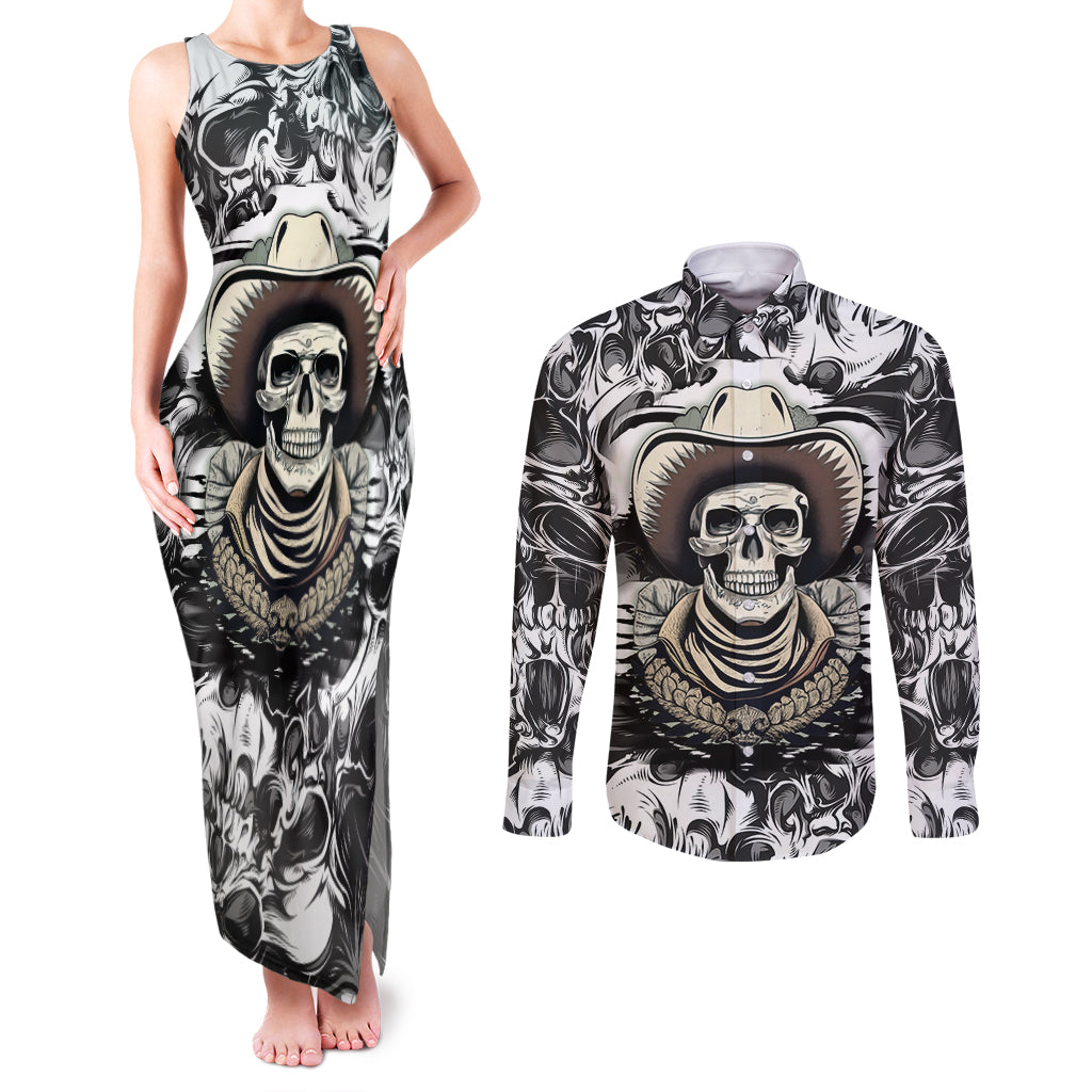 Skull Cowboy Couples Matching Tank Maxi Dress and Long Sleeve Button Shirts Out Law - Wonder Print Shop