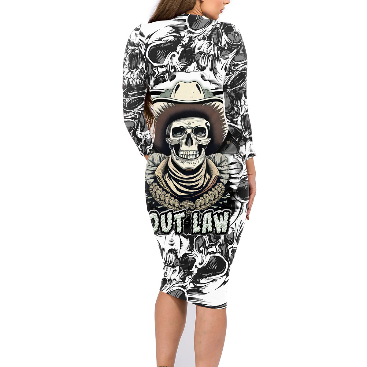 Skull Cowboy Family Matching Long Sleeve Bodycon Dress and Hawaiian Shirt Out Law - Wonder Print Shop