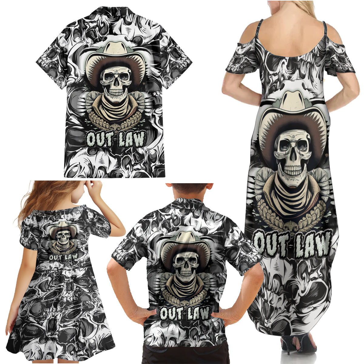 Skull Cowboy Family Matching Summer Maxi Dress and Hawaiian Shirt Out Law - Wonder Print Shop