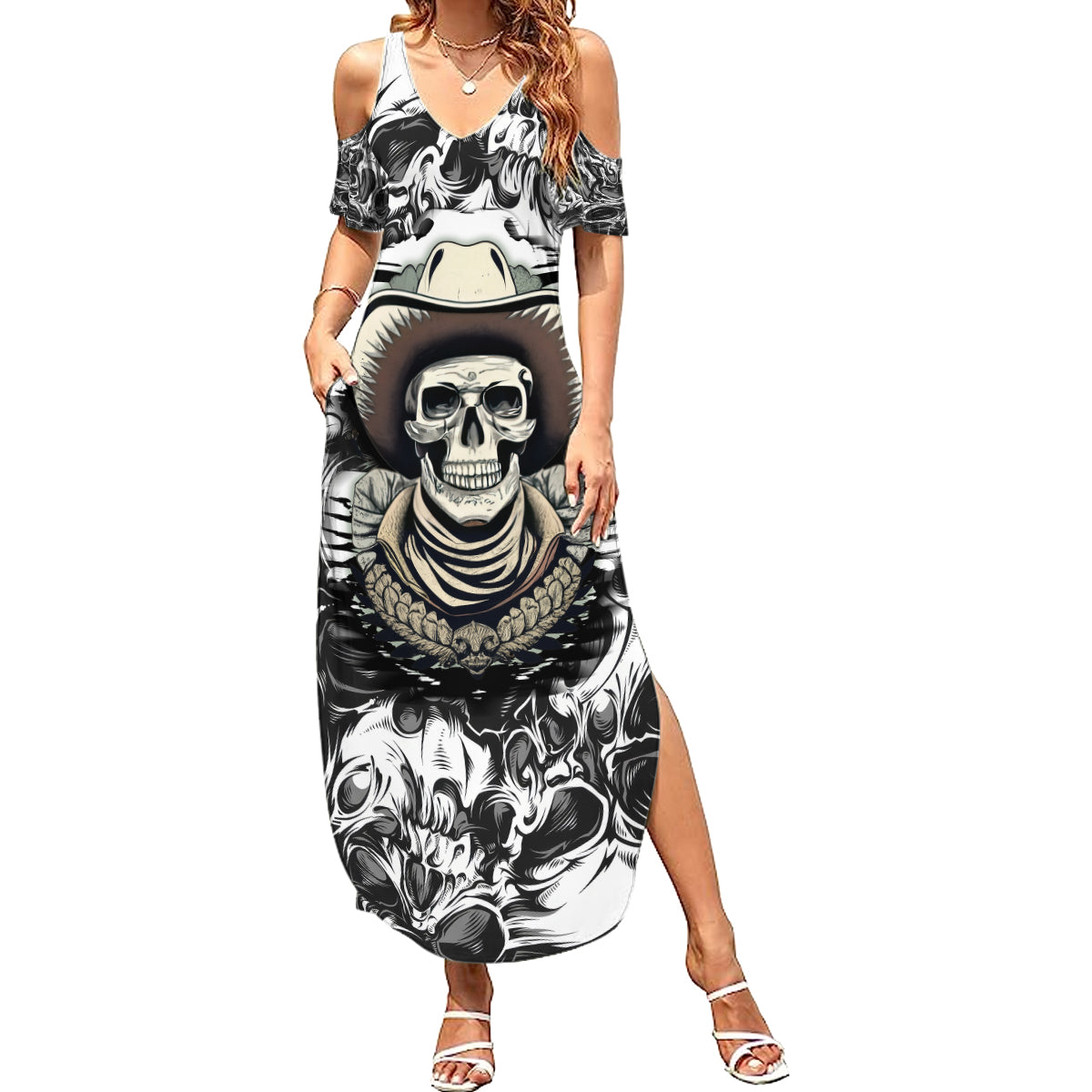 Skull Cowboy Family Matching Summer Maxi Dress and Hawaiian Shirt Out Law - Wonder Print Shop
