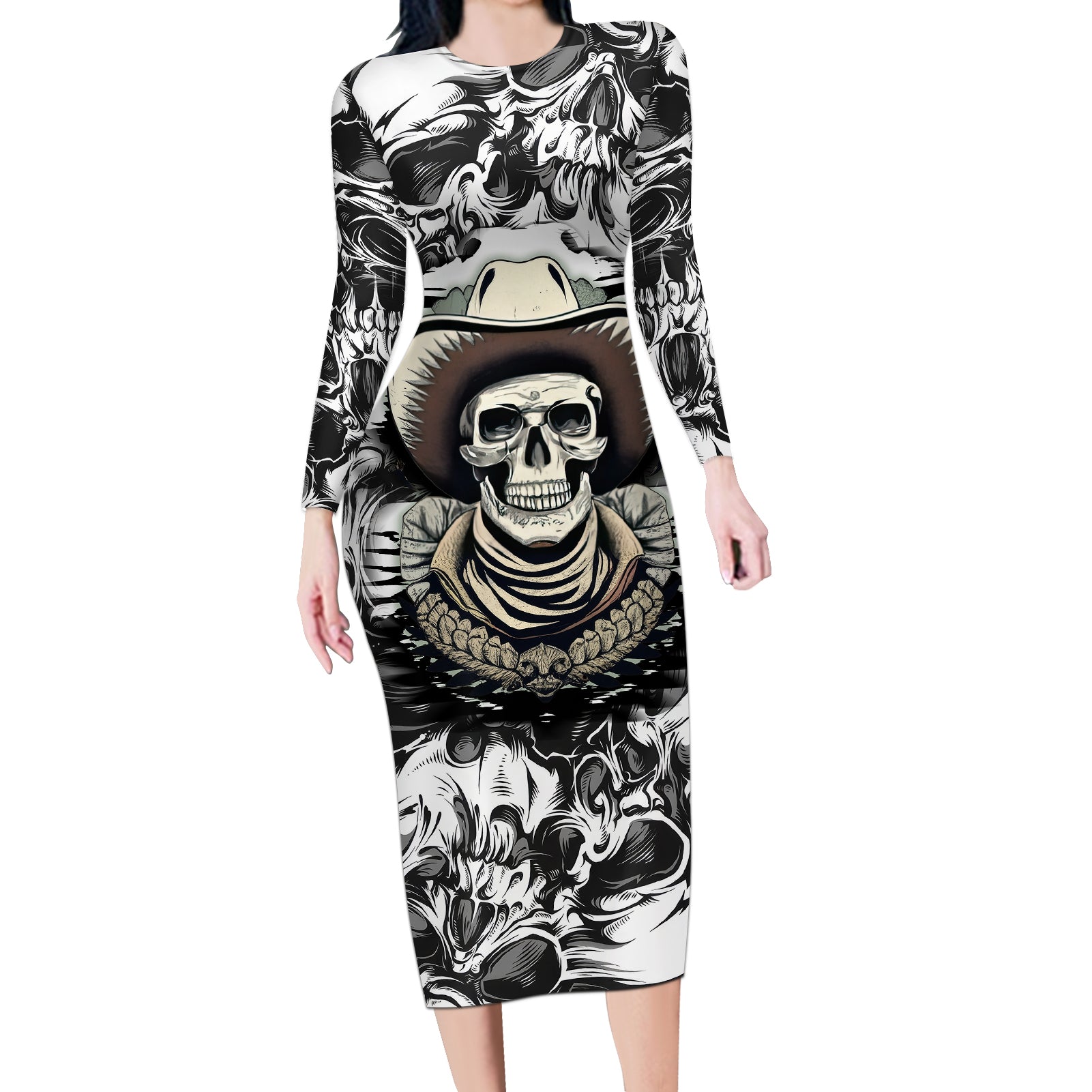 Skull Cowboy Long Sleeve Bodycon Dress Out Law - Wonder Print Shop