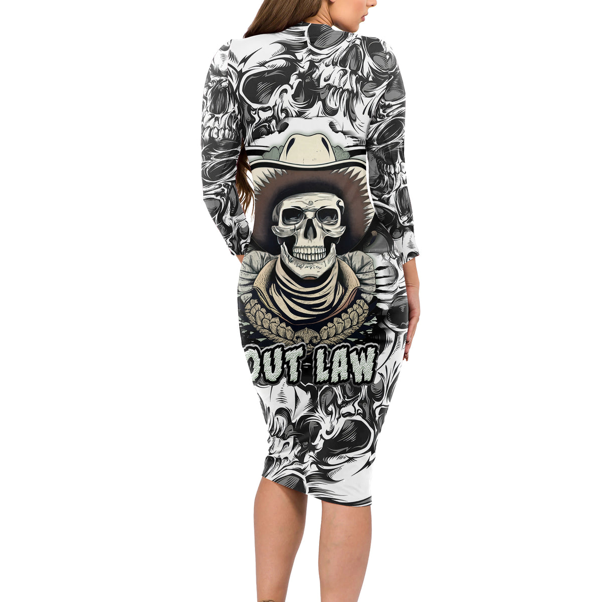 Skull Cowboy Long Sleeve Bodycon Dress Out Law - Wonder Print Shop