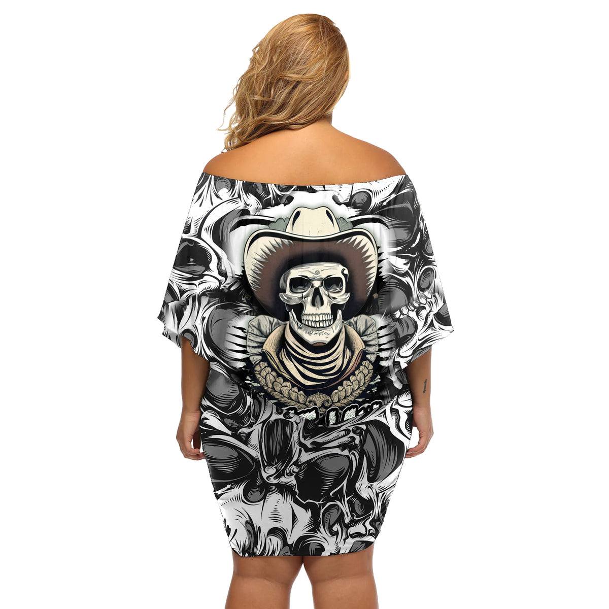 Skull Cowboy Off Shoulder Short Dress Out Law - Wonder Print Shop