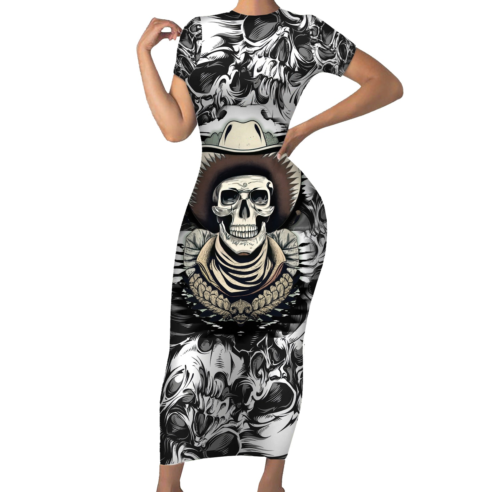 Skull Cowboy Short Sleeve Bodycon Dress Out Law - Wonder Print Shop