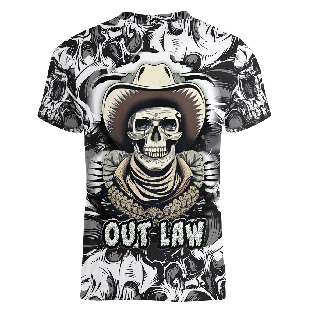 Skull Cowboy Women V Neck T Shirt Out Law - Wonder Print Shop