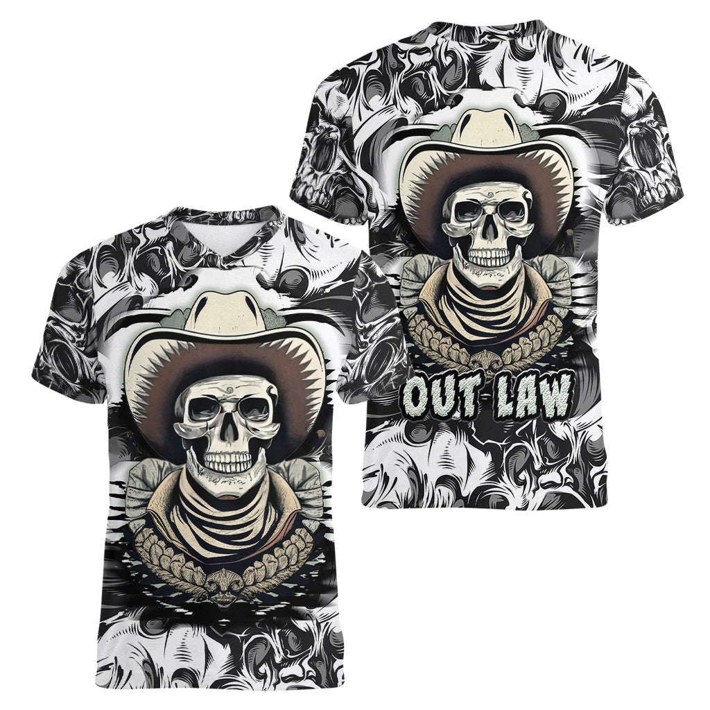 Skull Cowboy Women V Neck T Shirt Out Law - Wonder Print Shop