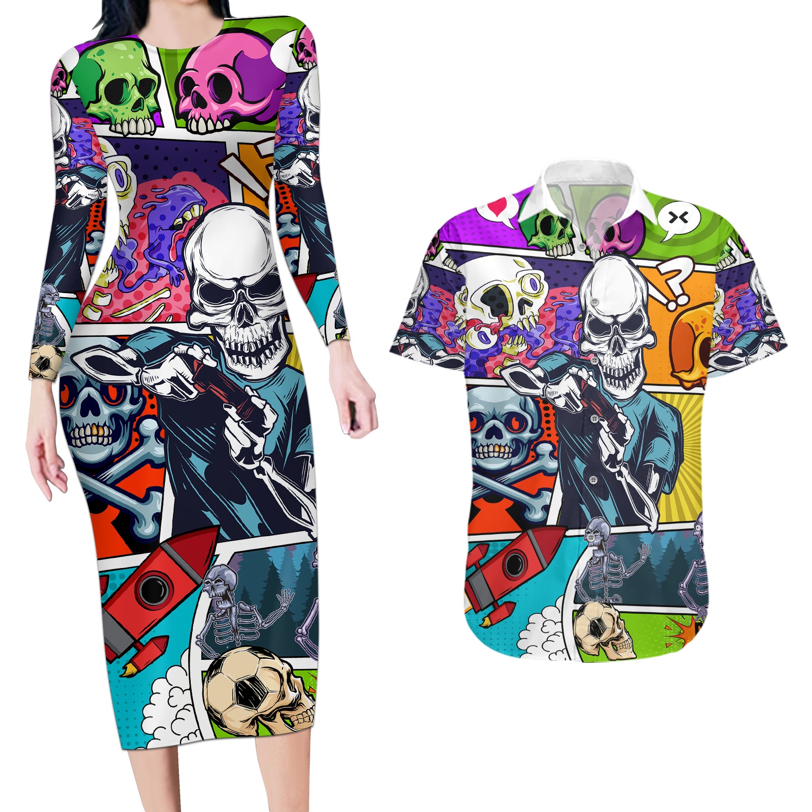 Comic Skull Couples Matching Long Sleeve Bodycon Dress and Hawaiian Shirt Pop Art Cartoon Skull Funny - Wonder Print Shop