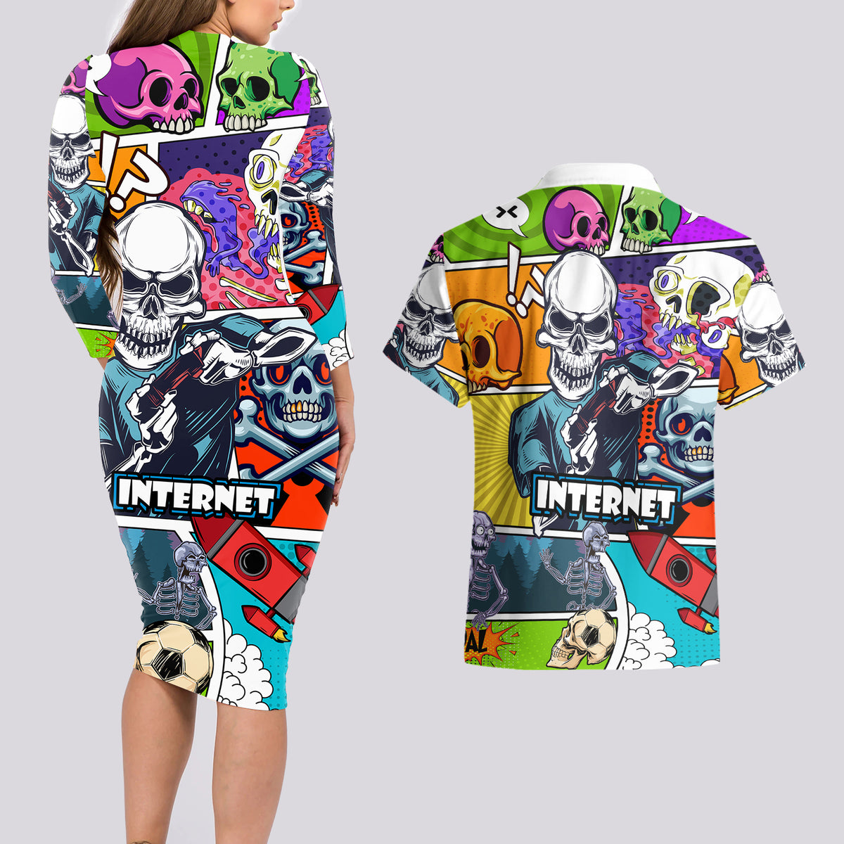 Comic Skull Couples Matching Long Sleeve Bodycon Dress and Hawaiian Shirt Pop Art Cartoon Skull Funny - Wonder Print Shop