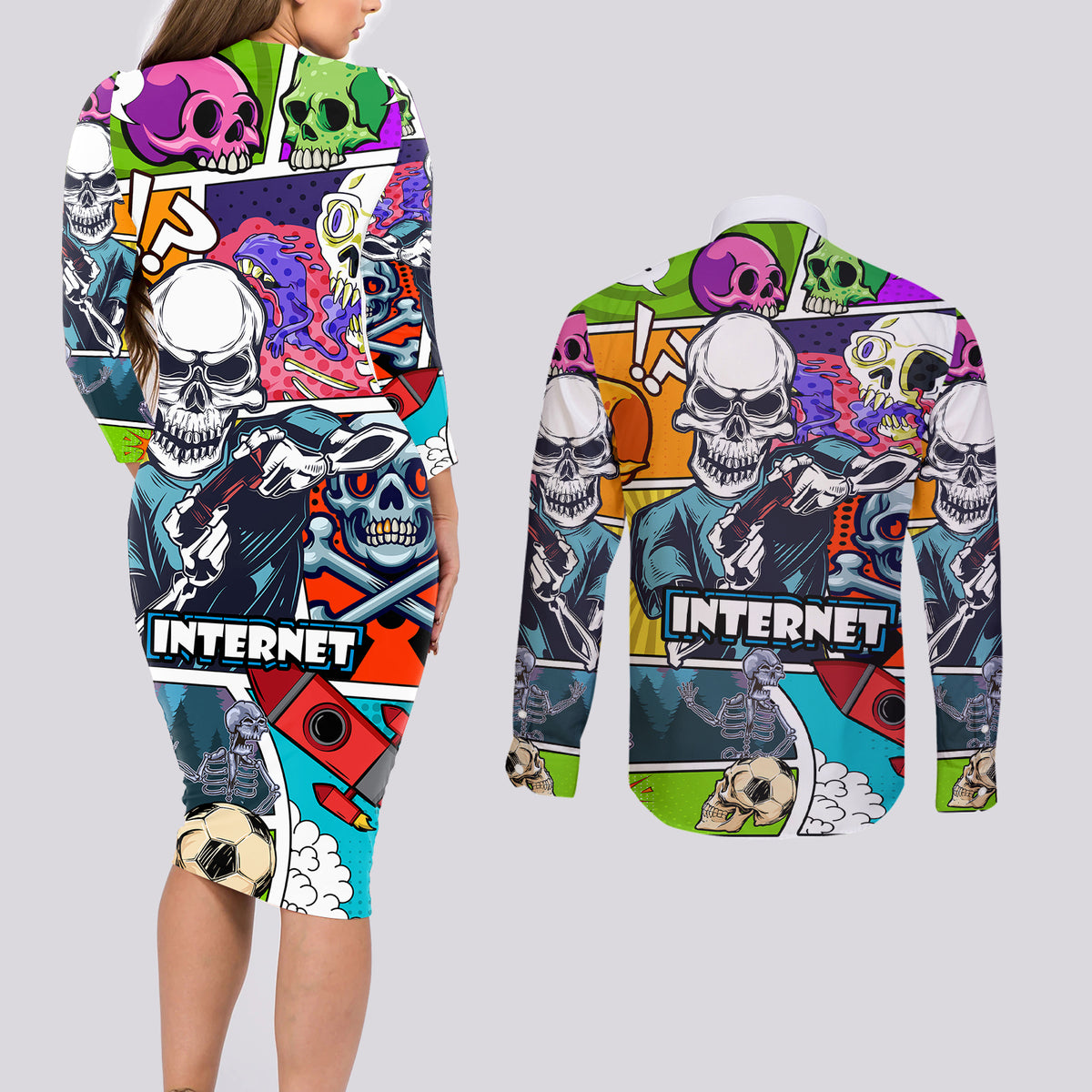 Comic Skull Couples Matching Long Sleeve Bodycon Dress and Long Sleeve Button Shirts Pop Art Cartoon Skull Funny - Wonder Print Shop