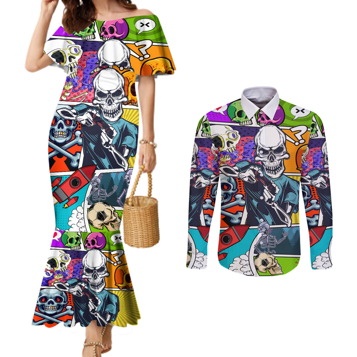 comic-skull-couples-matching-mermaid-dress-and-long-sleeve-button-shirts-pop-art-cartoon-skull-funny