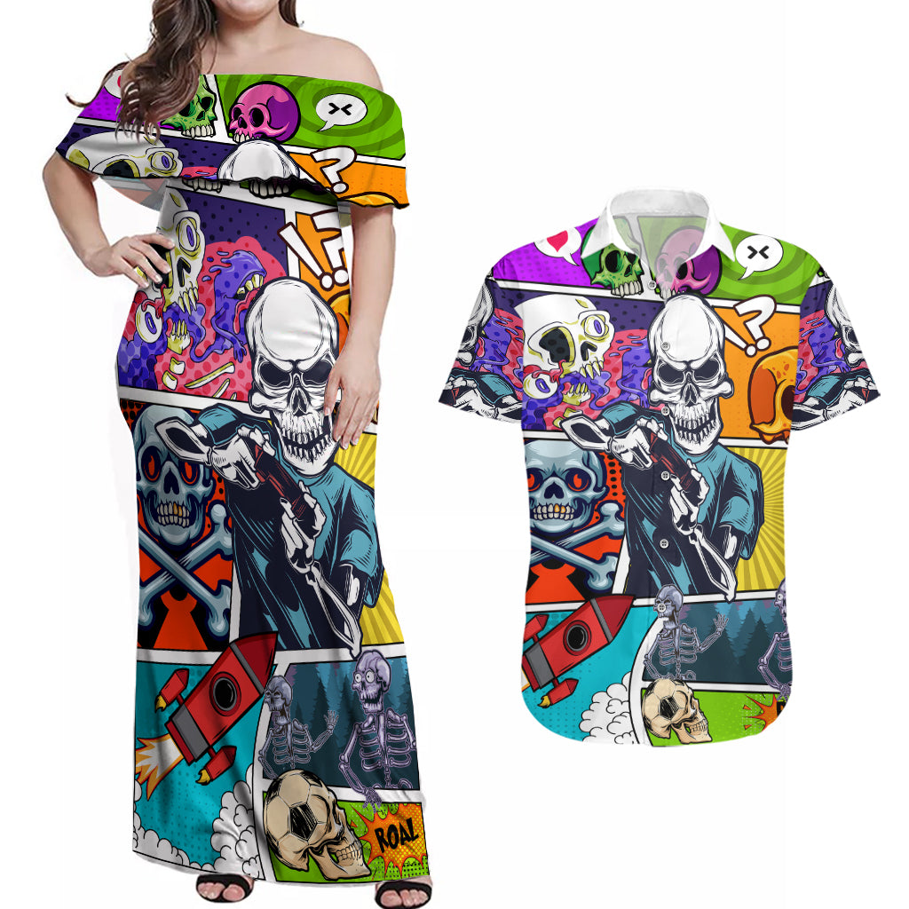 Comic Skull Couples Matching Off Shoulder Maxi Dress and Hawaiian Shirt Pop Art Cartoon Skull Funny - Wonder Print Shop
