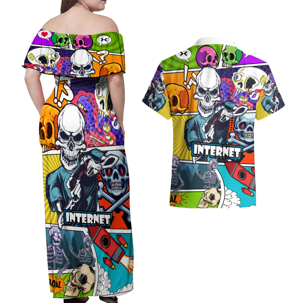 Comic Skull Couples Matching Off Shoulder Maxi Dress and Hawaiian Shirt Pop Art Cartoon Skull Funny - Wonder Print Shop