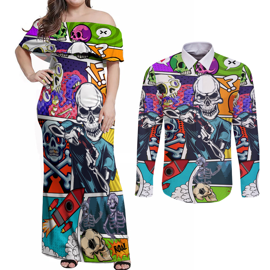 Comic Skull Couples Matching Off Shoulder Maxi Dress and Long Sleeve Button Shirts Pop Art Cartoon Skull Funny - Wonder Print Shop