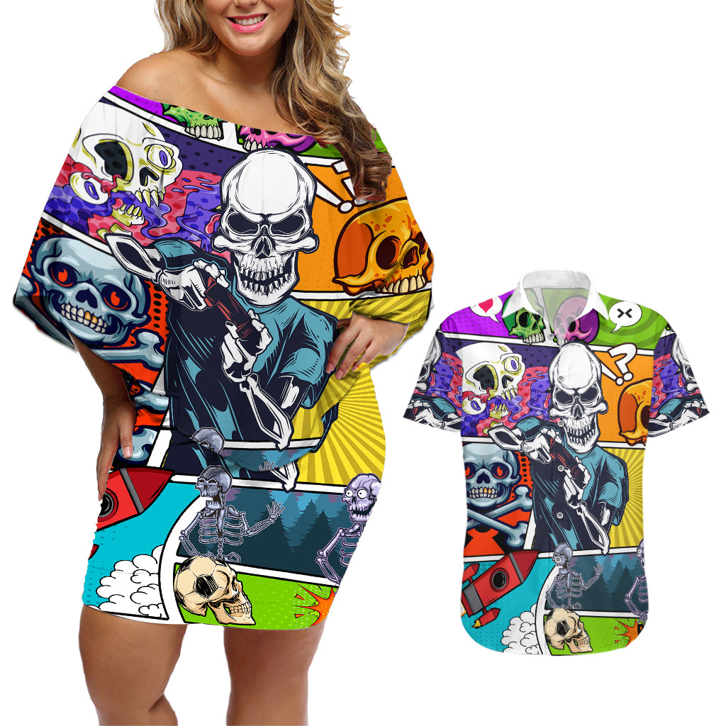 Comic Skull Couples Matching Off Shoulder Short Dress and Hawaiian Shirt Pop Art Cartoon Skull Funny - Wonder Print Shop