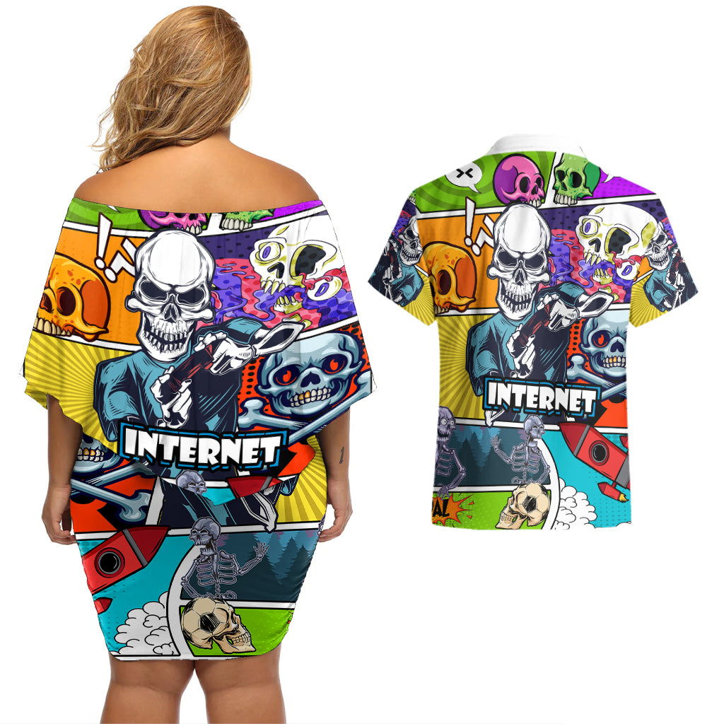 Comic Skull Couples Matching Off Shoulder Short Dress and Hawaiian Shirt Pop Art Cartoon Skull Funny - Wonder Print Shop