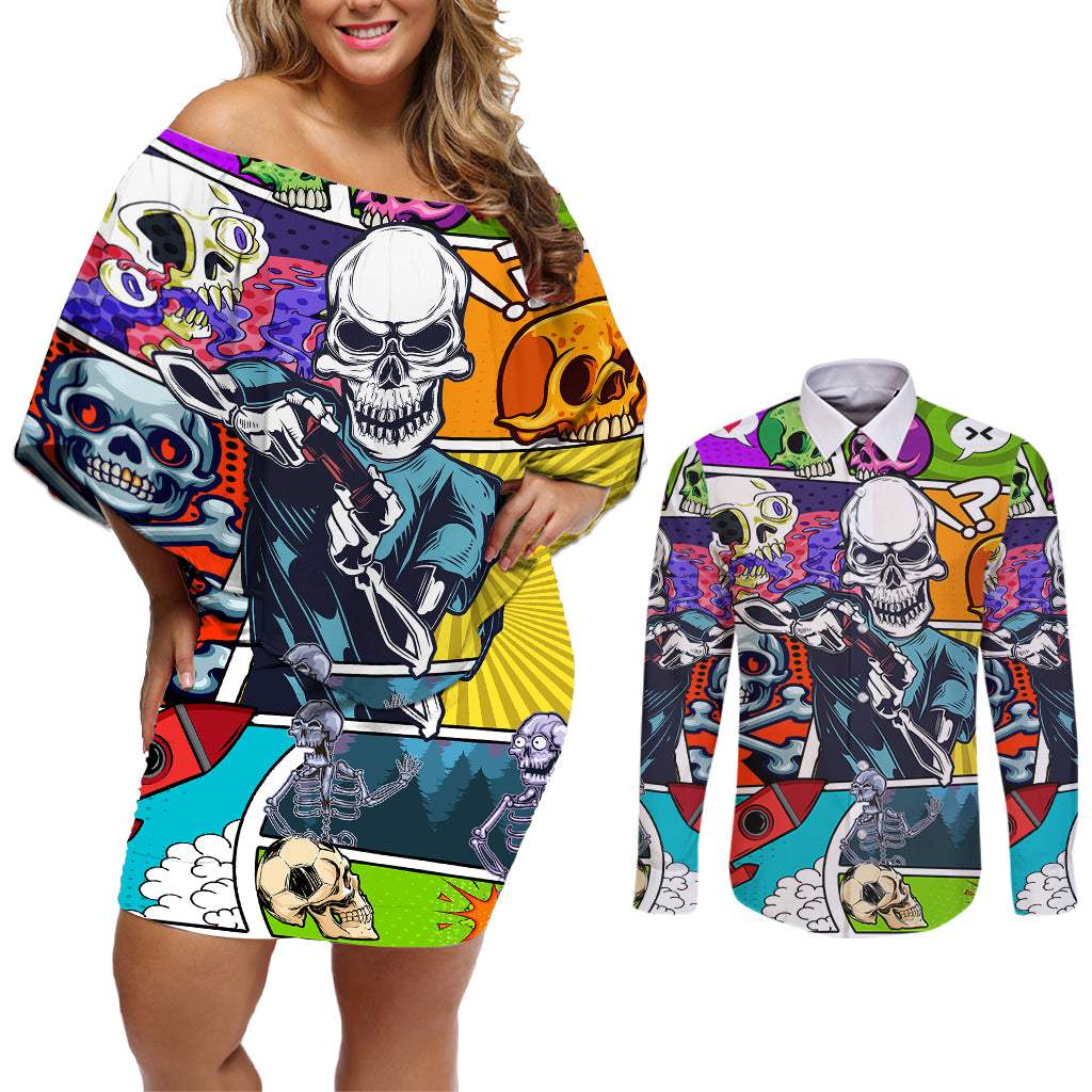 Comic Skull Couples Matching Off Shoulder Short Dress and Long Sleeve Button Shirts Pop Art Cartoon Skull Funny - Wonder Print Shop