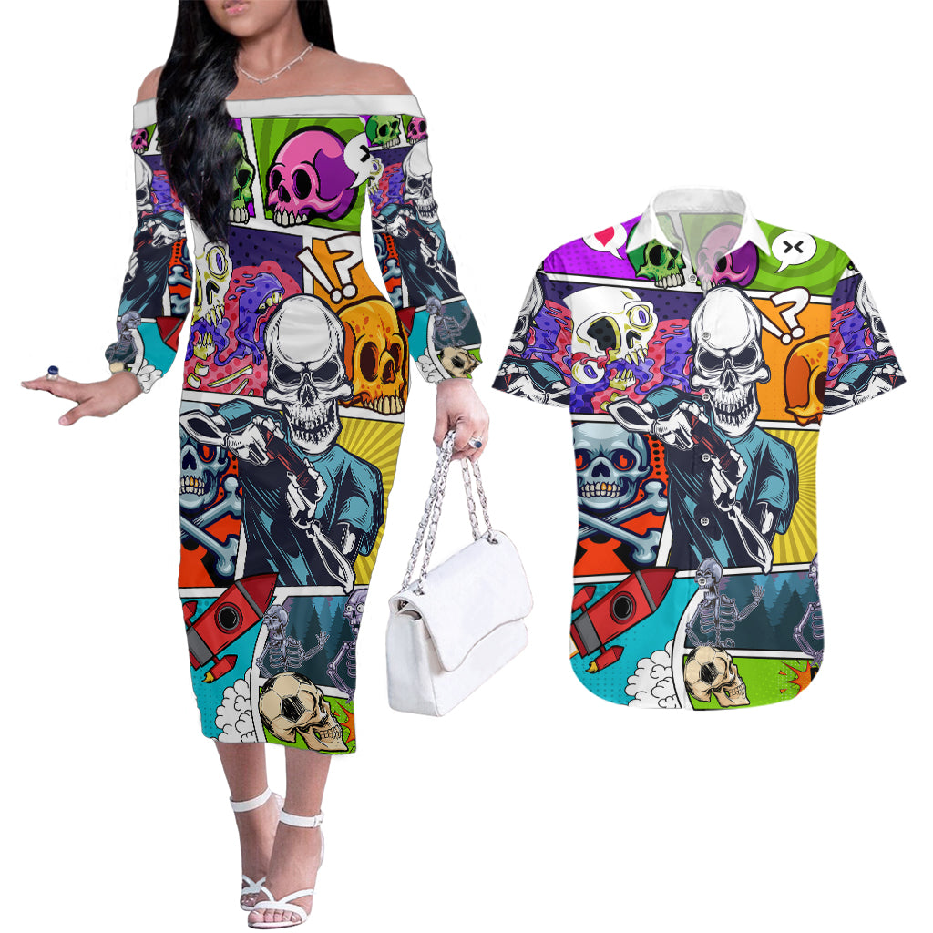 Comic Skull Couples Matching Off The Shoulder Long Sleeve Dress and Hawaiian Shirt Pop Art Cartoon Skull Funny - Wonder Print Shop