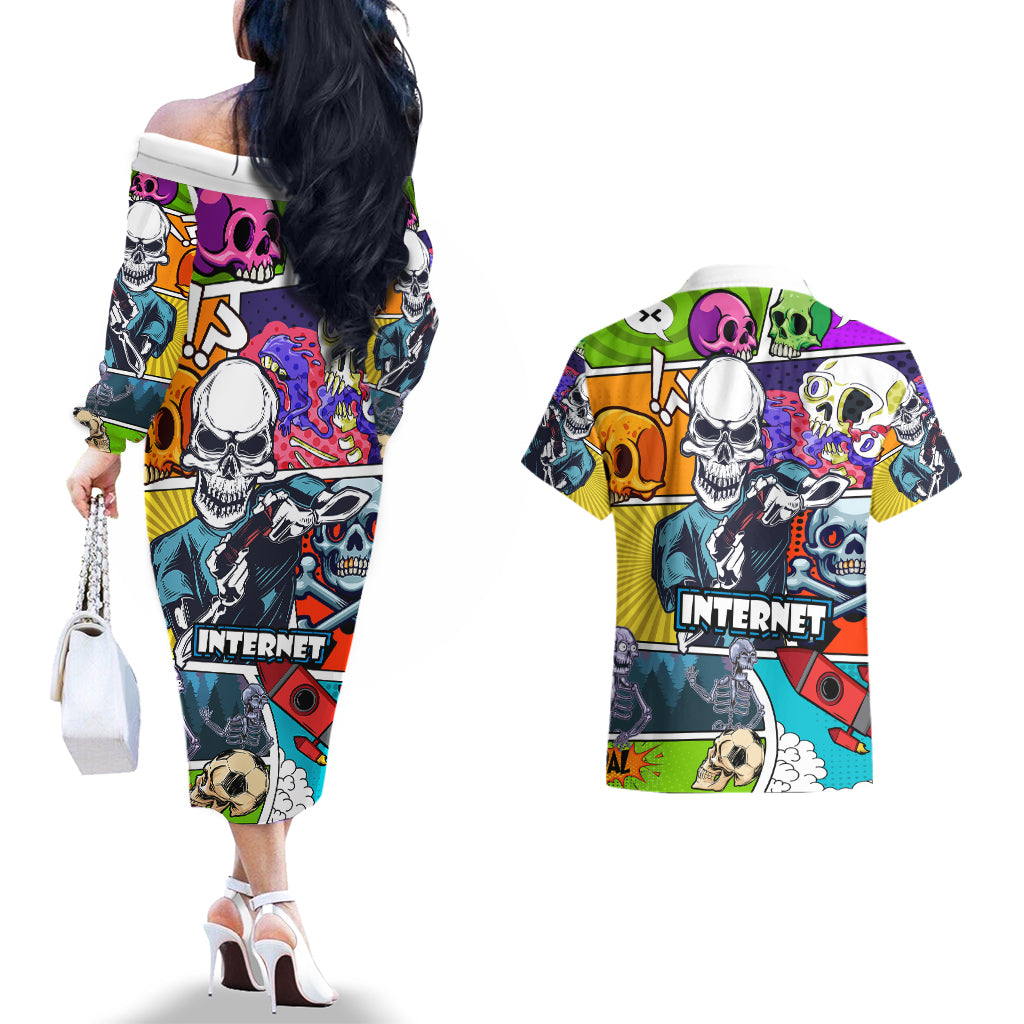 Comic Skull Couples Matching Off The Shoulder Long Sleeve Dress and Hawaiian Shirt Pop Art Cartoon Skull Funny - Wonder Print Shop
