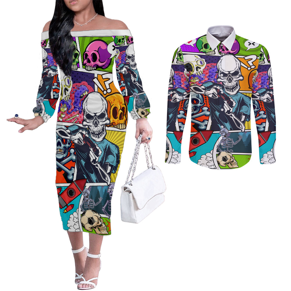 comic-skull-couples-matching-off-the-shoulder-long-sleeve-dress-and-long-sleeve-button-shirts-pop-art-cartoon-skull-funny