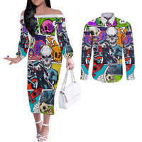 comic-skull-couples-matching-off-the-shoulder-long-sleeve-dress-and-long-sleeve-button-shirts-pop-art-cartoon-skull-funny