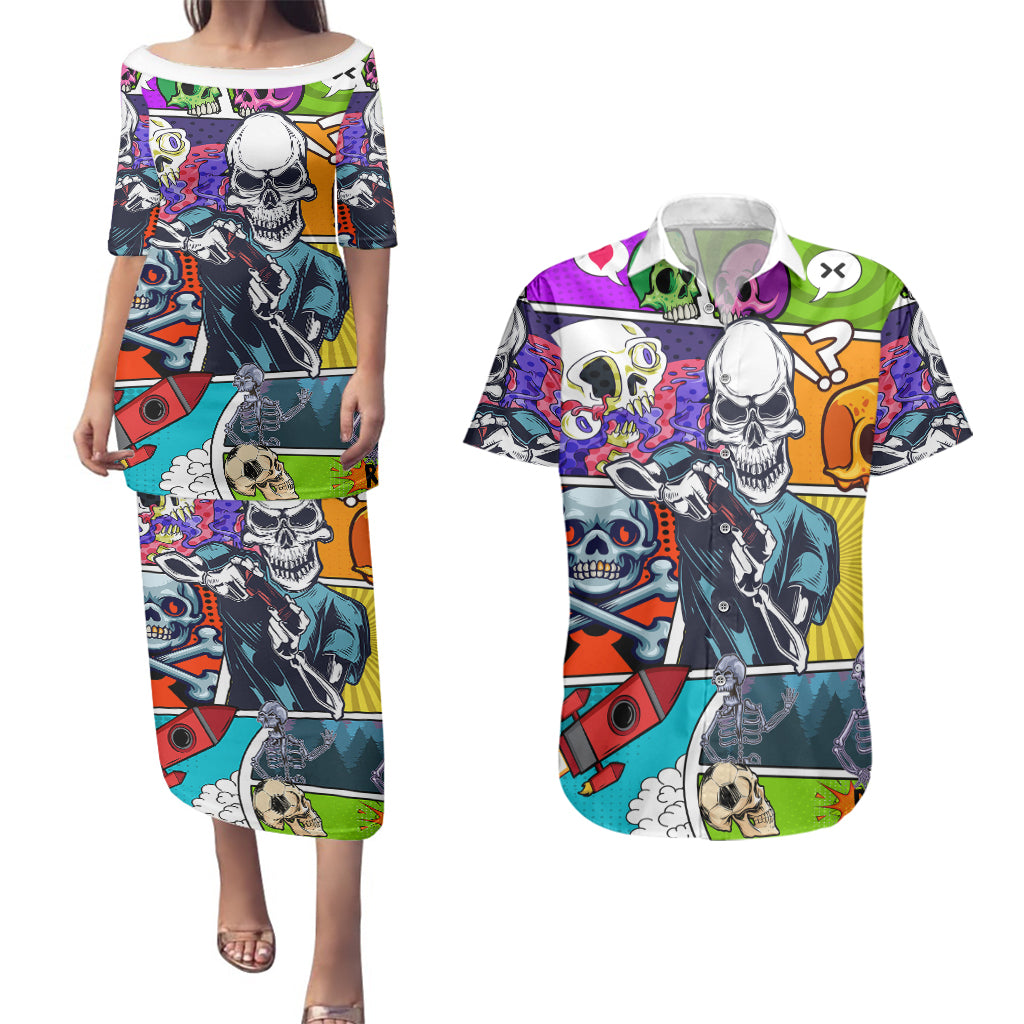 Comic Skull Couples Matching Puletasi Dress and Hawaiian Shirt Pop Art Cartoon Skull Funny - Wonder Print Shop